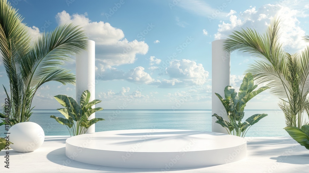 Fototapeta premium 3d background product display podium scene with leaf geometric platform,cloud and sky, palm shadows and white stone podium,Mockup for eco beauty cosmetic advertising,Copy space.