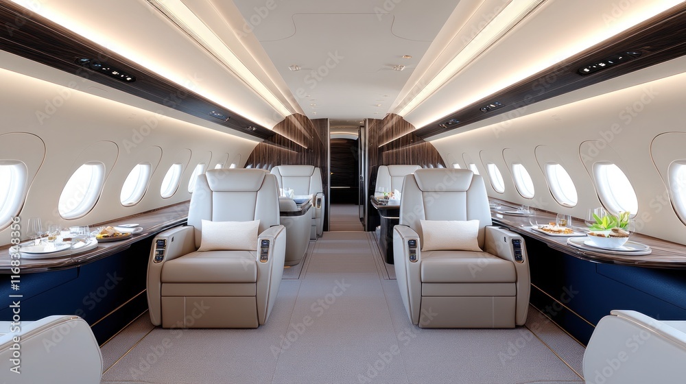 Fototapeta premium Luxurious interior of a private jet with comfortable seating.