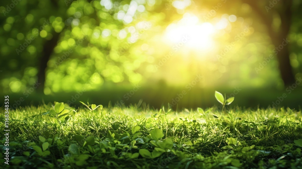 Fototapeta premium Lush Green Grass in a Sunny Forest Setting