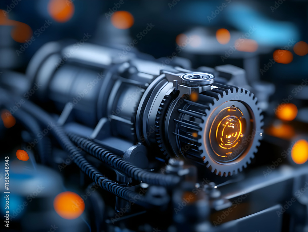 Fototapeta premium Close-up of a high-tech engine component with glowing elements, showcasing intricate details and advanced design.