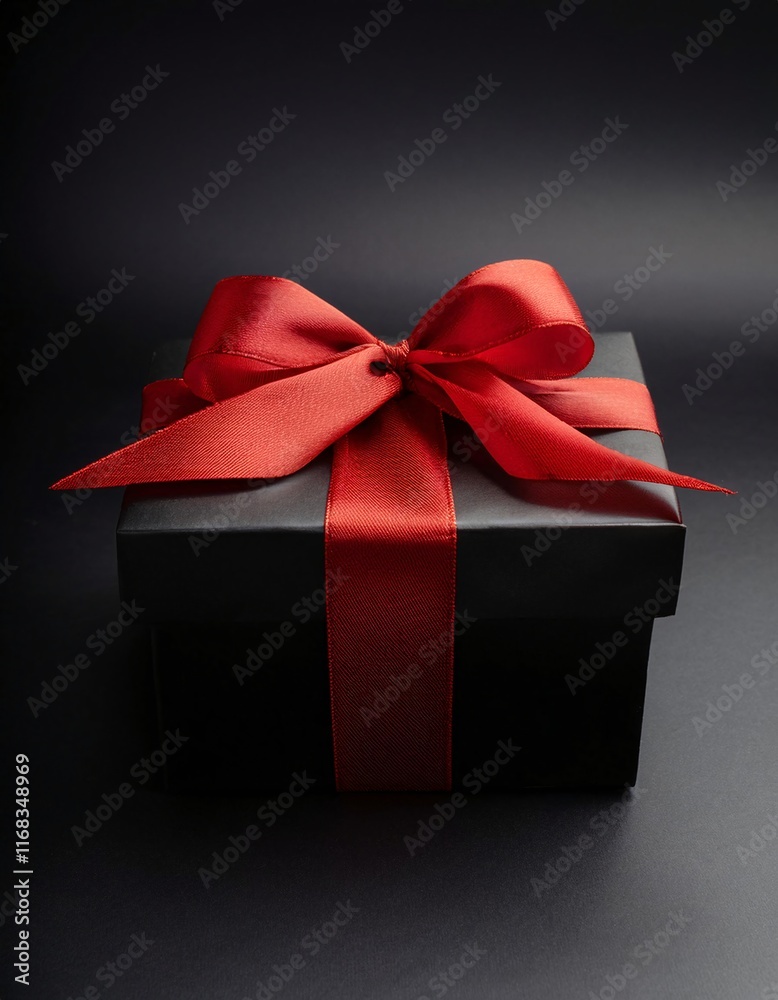 Obraz premium A black gift box adorned with a red ribbon against a black background features a red bow atop it