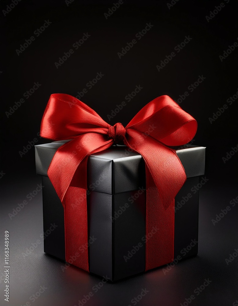 Obraz premium A black gift box adorned with a red ribbon against a black background features a red bow atop it