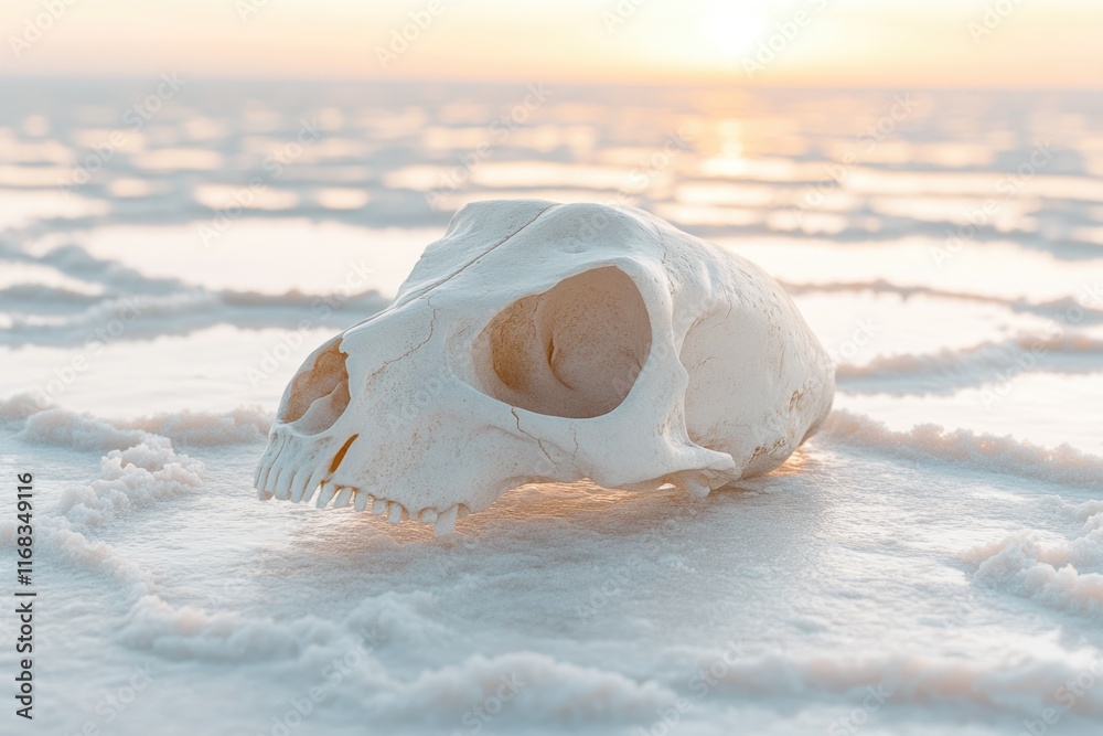 A bleached animal skull rests on a salt flat at sunset, a scene of stark beauty and quiet mortality. A bleached animal skull rests on a salt flat at sunset, a scene of stark beauty and quiet mortality.