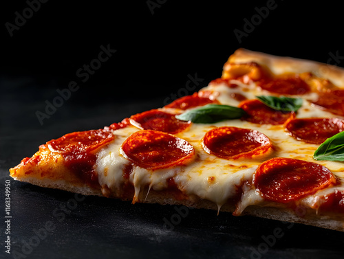 Delicious slice of pepperoni pizza with melted cheese on a dark background. photo