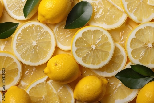 Fresh lemon slices pattern backgrond, close up