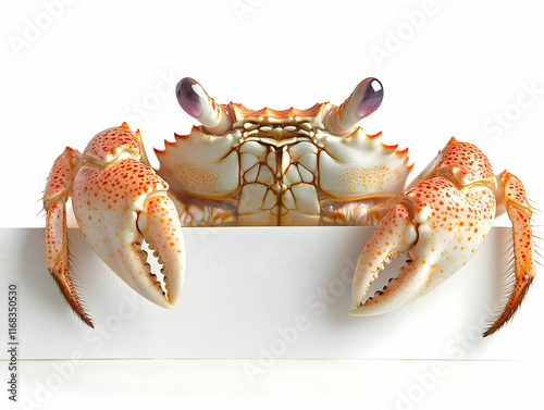 Close-up of a vibrant crab showcasing intricate details and colors against a clean white background. photo