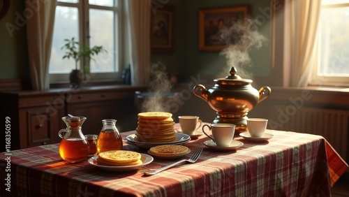Family gathering, Dacha interior with steaming samovar and blini for Maslenitsa tea time photorealistic setting.