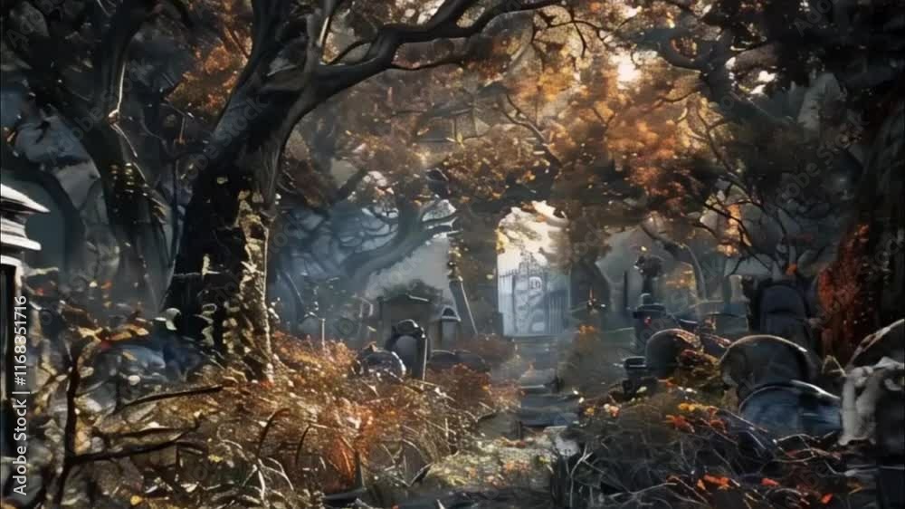 Fantastically mysterious cemetery with tombstones and terribly scary atmosphere, abstract vivid composition consists of fictional unreal fantastic vision on background Fantastically mysterious cemetery with tombstones and terribly scary atmosphere, abstract vivid composition consists of fictional unreal fantastic vision on background