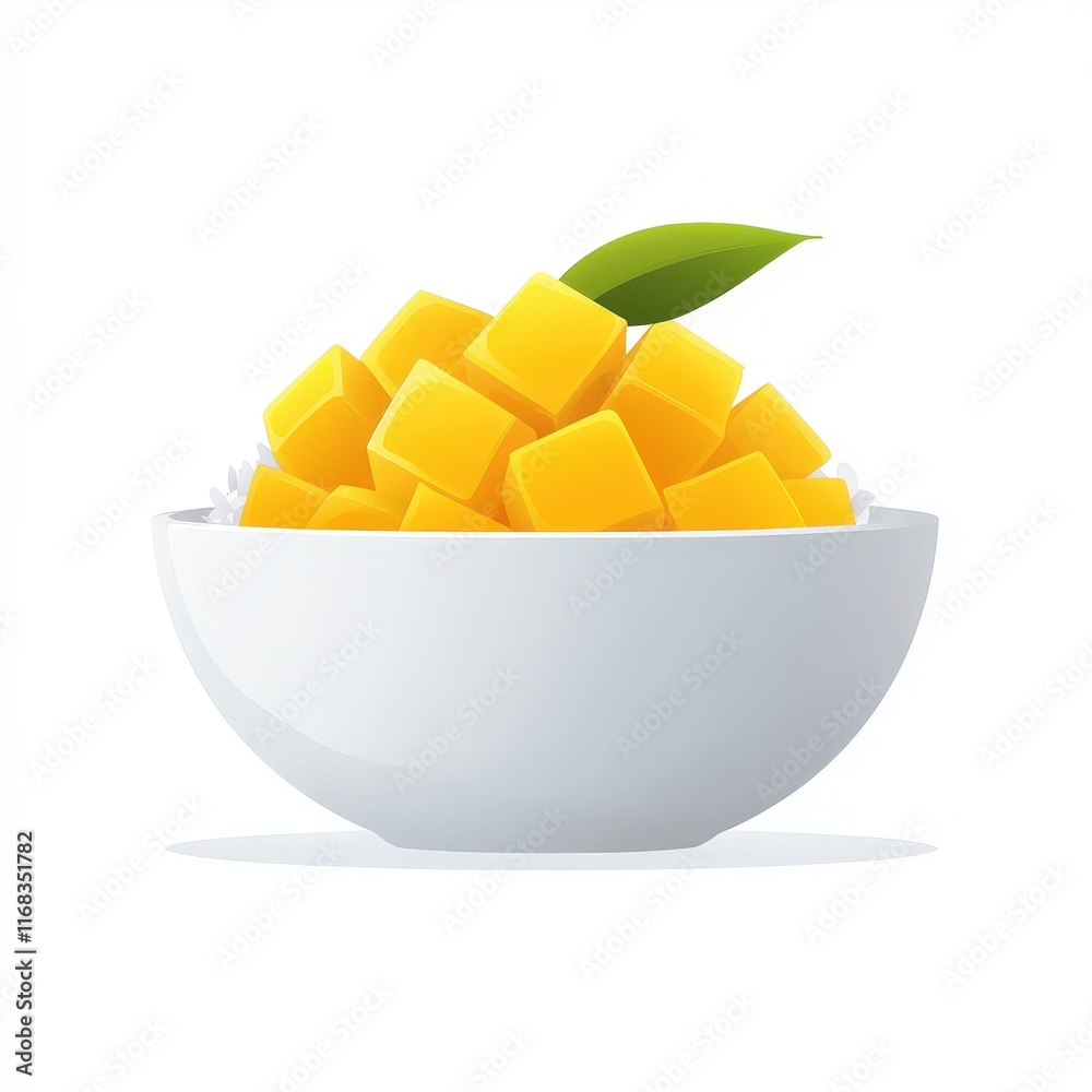 a serving of mango sticky rice, dessert illustration, pastel tones, minimalist style, isolated on white background a serving of mango sticky rice, dessert illustration, pastel tones, minimalist style, isolated on white background