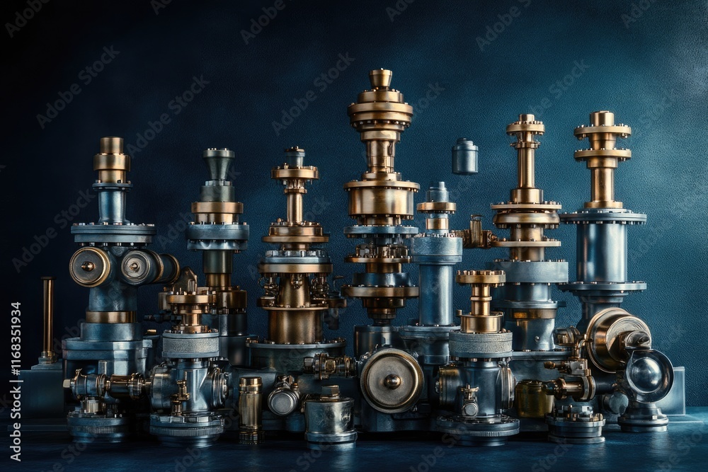 A steampunk-inspired arrangement of intricate metallic industrial components, showcasing a complex assembly of gears and pipes. A steampunk-inspired arrangement of intricate metallic industrial components, showcasing a complex assembly of gears and pipes.