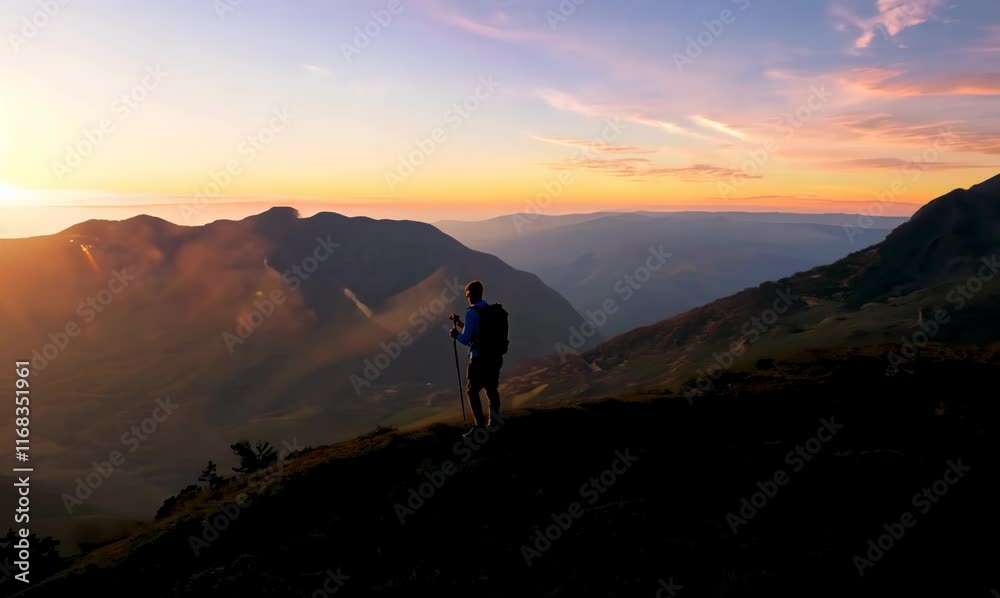 silhouetted hiker exploring mountain edges at sunset silhouetted hiker exploring mountain edges at sunset