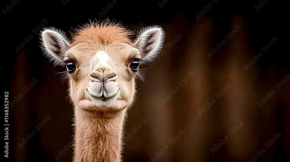 Fototapeta premium Adorable Bactrian Camel Portrait, Zoo Enclosure, Dark Background, Wildlife Photography, Advertisement.