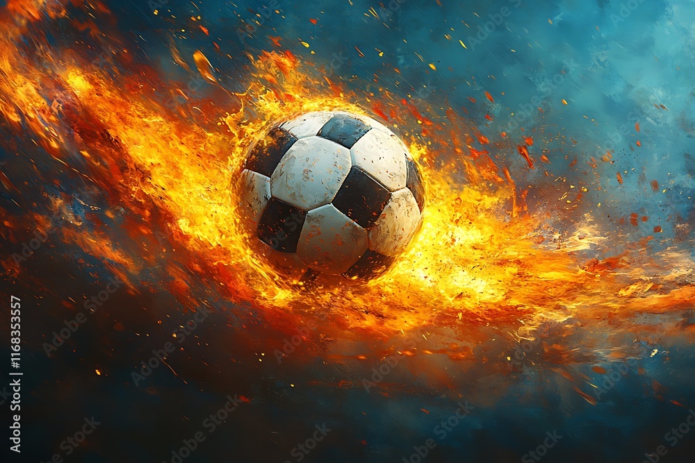 Naklejka premium Dramatic Soccer Ball in Action, Surrounded by Fire and Color