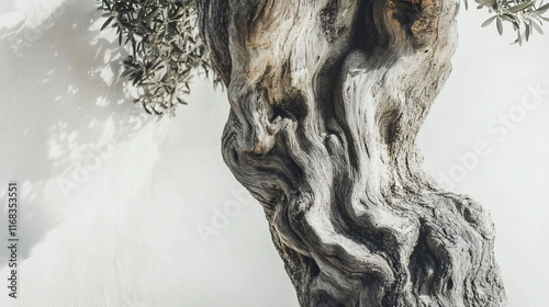 Close-up of ancient olive tree trunk texture against white wall.
