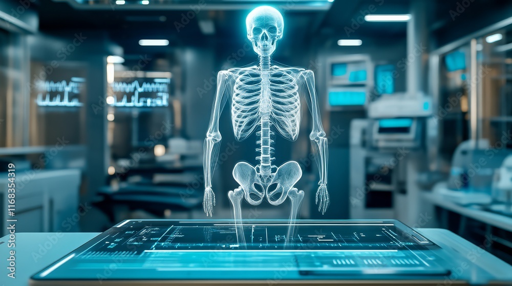 A 3D holographic skeleton displayed in a modern medical lab, showcasing advanced technology for educational or diagnostic purposes.