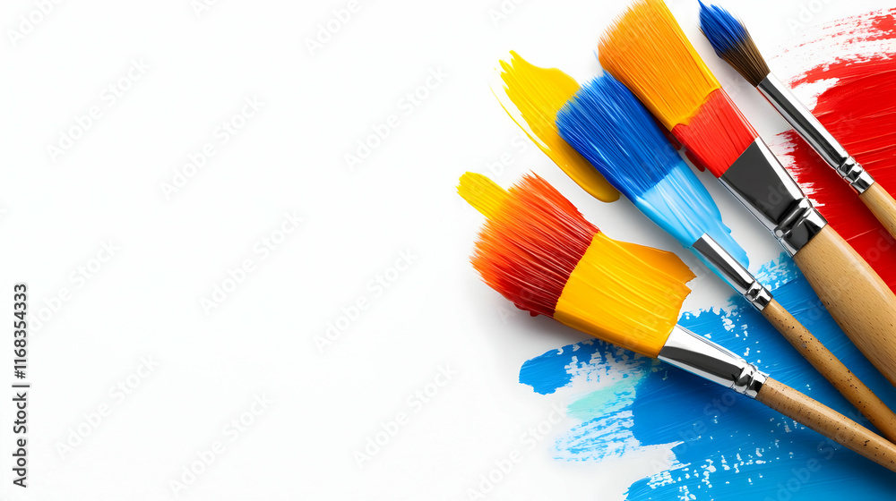 Fototapeta premium Vibrant paint brushes with colorful bristles resting on a white background, perfect for artistic inspiration.