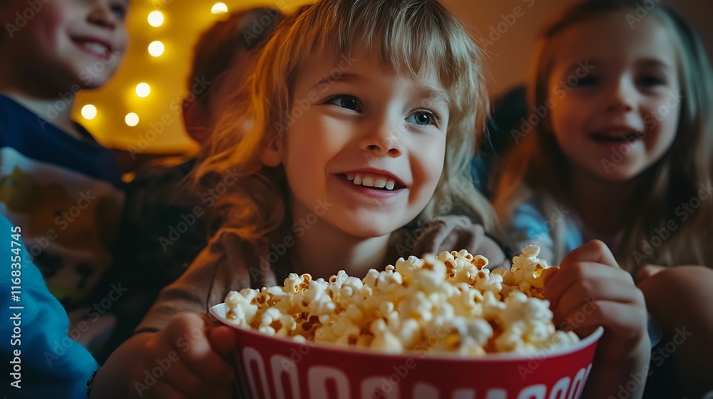 Happy children enjoying popcorn during a movie night.