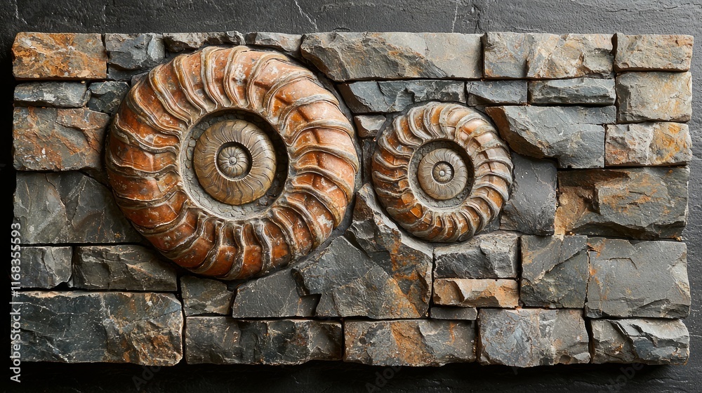 Ammonite fossils embedded in a stone wall mosaic. Ammonite fossils embedded in a stone wall mosaic.