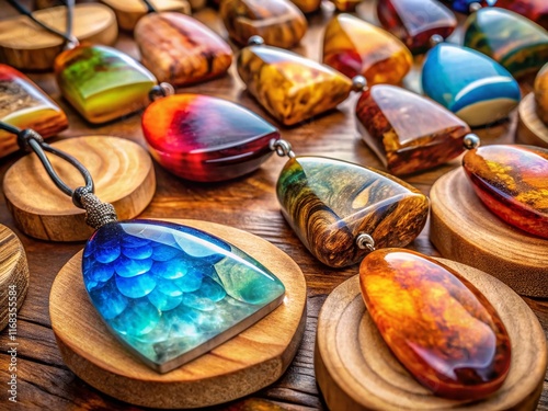 Artisan Epoxy Resin & Wood Pendants: Handmade Jewelry with Copy Space photo