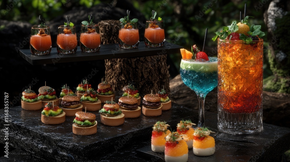 A vibrant display of gourmet appetizers and colorful cocktails on a rustic setting. A vibrant display of gourmet appetizers and colorful cocktails on a rustic setting.