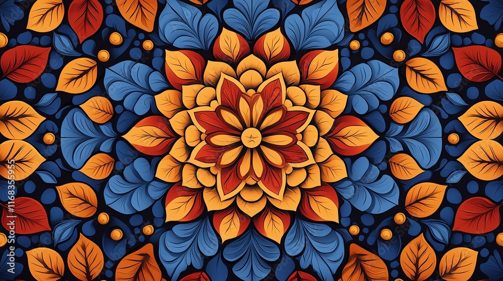 A vibrant pattern featuring intricate floral designs in warm colors, surrounded by stylized leaves against a contrasting blue background. A vibrant pattern featuring intricate floral designs in warm colors, surrounded by stylized leaves against a contrasting blue background.