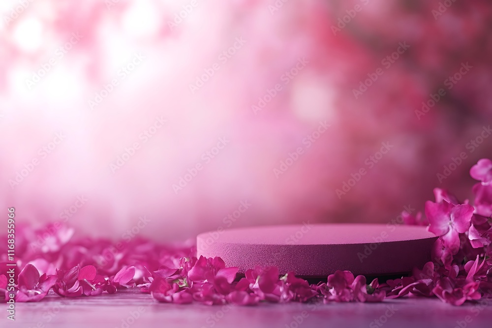 pink valentine background with a blank round podium and flower petals pink valentine background with a blank round podium and flower petals