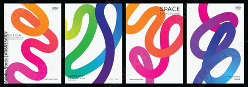 Abstract gradient line card template design vector set. Creative concept modern art design with dynamic colorful line shapes with overlay effect. Illustration for celebration, branding, ads. 