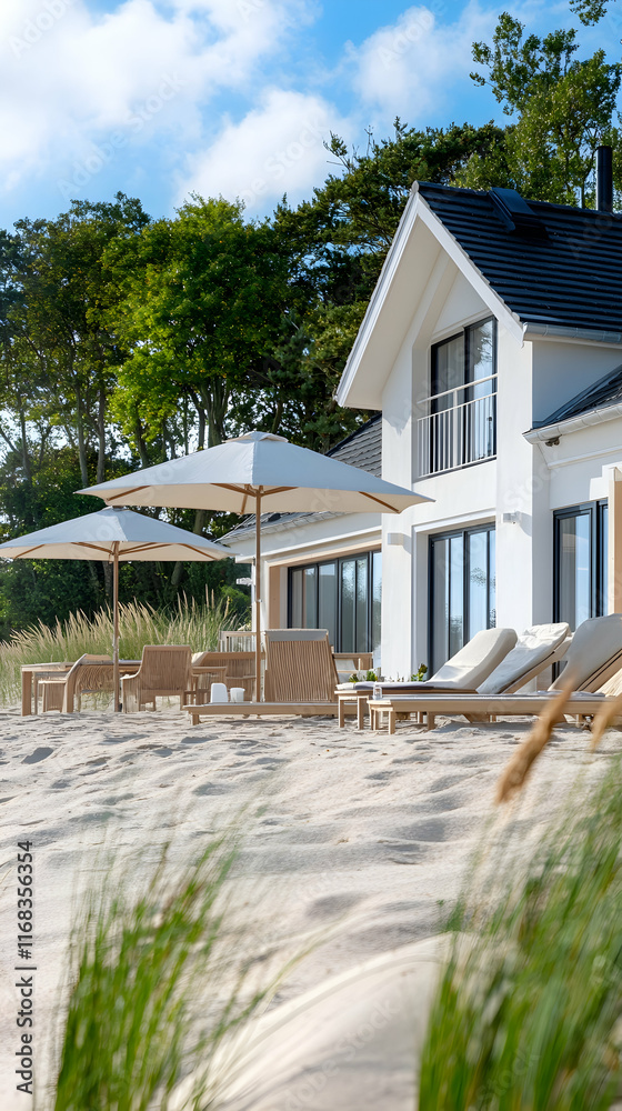 Beachfront House Relaxation Luxury coastal home, sandy beach, patio furniture, sunny day, vacation rental advertisement.