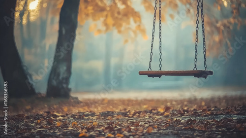 serene empty swing set in autumn park surrounded by fallen leaves