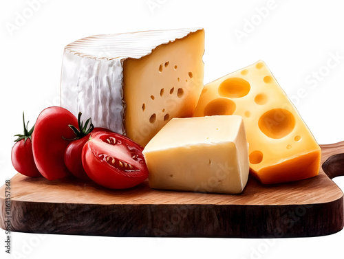 Delicious assortment of cheeses paired with fresh tomatoes on a wooden board, perfect for a gourmet platter. photo