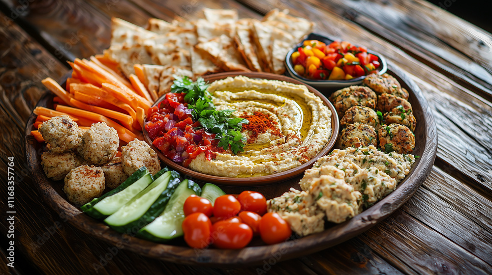 A Vibrant Mediterranean Feast: Hummus, Baba Ghanoush, Falafel, and Fresh Vegetables on a Rustic Wooden Table A Vibrant Mediterranean Feast: Hummus, Baba Ghanoush, Falafel, and Fresh Vegetables on a Rustic Wooden Table