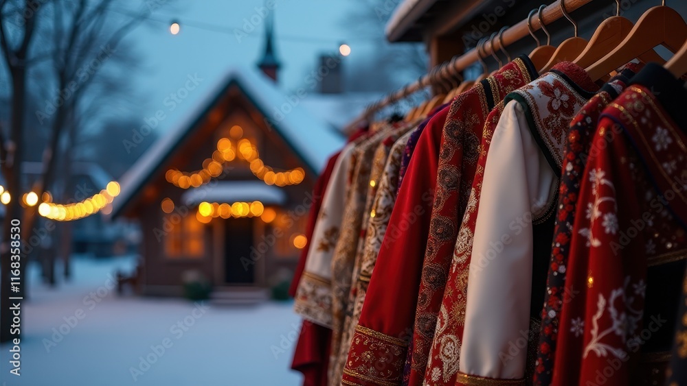 Naklejka premium Maslenitsa costumes, Maslenitsa costumes on racks village evening glow silk and beads