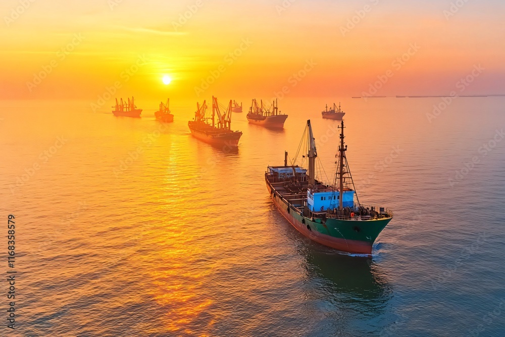 A serene sunset over the ocean with numerous ships anchored, reflecting beautiful colors on the water.