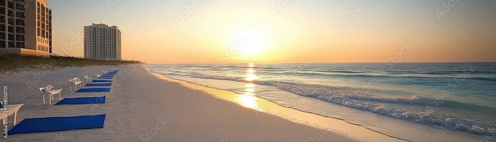 Obraz premium A serene beach at sunset with lounge chairs and gentle waves.