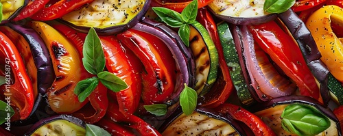 Food dish ratatouille with sliced peppers, eggplant and zucchini, garnished with basil