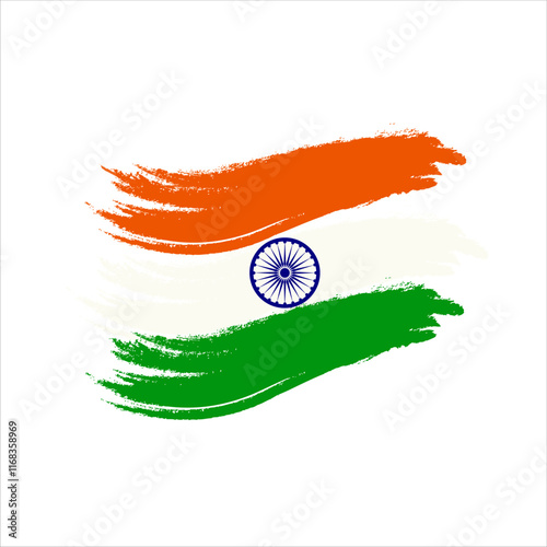 A vibrant vector of the Indian flag with brush stroke effect, featuring saffron, white, green, and the Ashoka Chakra. Ideal for patriotic designs, India-themed projects, and national holidays.