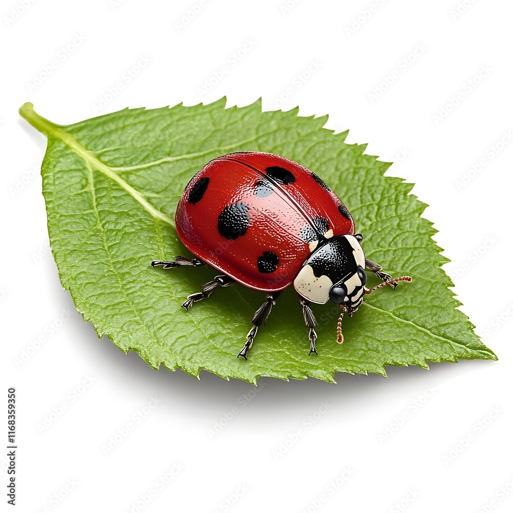 Fototapeta premium Closeup of a Vibrant Red Ladybug Crawling on a Green Leaf