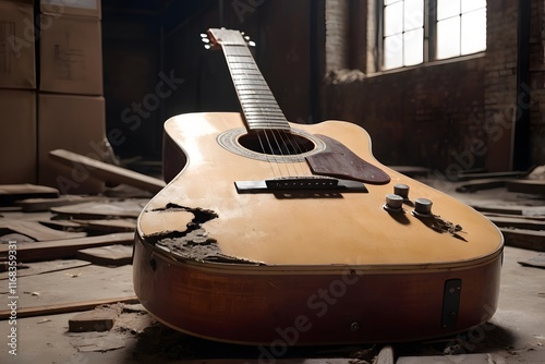 An old, broken and dusty guitar lies in an old barn photo