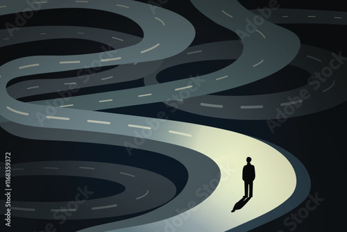 road to success concept, man - woman standing on dark wave road, mix feeling of worry, nervous, fear. mystery path way. business plan chance, risk and crisis management.