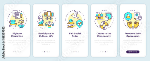 Social culture rights onboarding mobile app screen. Walkthrough 5 steps editable graphic instructions with linear concepts. UI, UX, GUI template. Montserrat SemiBold, Regular fonts used
