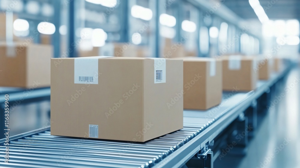 A conveyor belt transports neatly packaged boxes in a modern warehouse, symbolizing efficient logistics and distribution processes. A conveyor belt transports neatly packaged boxes in a modern warehouse, symbolizing efficient logistics and distribution processes.