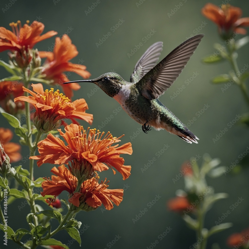 Fototapeta premium A hummingbird hovering near a flower.