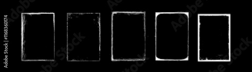 Vintage covers set isolated on black background. Vector realistic illustration of scratched rectangular frames with grungy grainy texture, worn record mockup with blank surface and uneven white edges