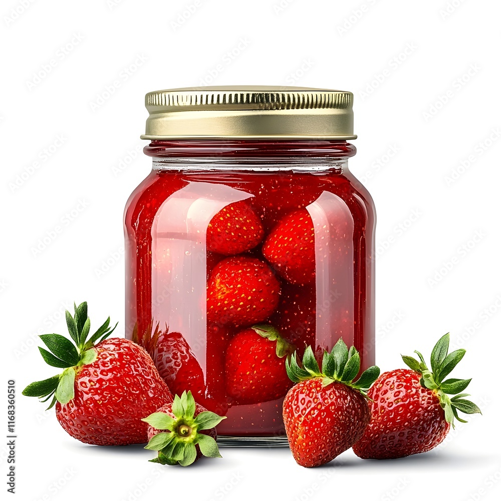 Homemade Strawberry Jam in Sealed Glass Jar on White Background