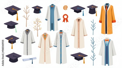 A collection of graduation cap and gown elements in various styles and colors, with celebratory backgrounds, isolated on a white background