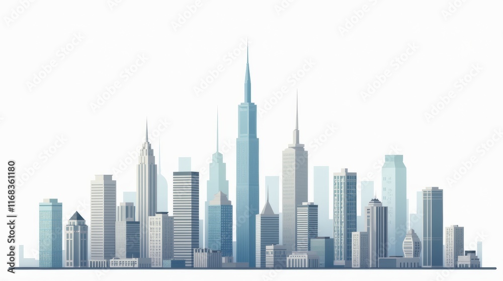 Fototapeta premium A collection of urban cityscape elements in different architectural styles, with a focus on modern skyscrapers, isolated on a white background