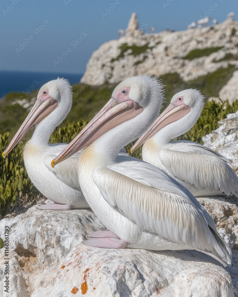 Three pelicans resting on a rocky shore with a coastal backdrop. Three pelicans resting on a rocky shore with a coastal backdrop.