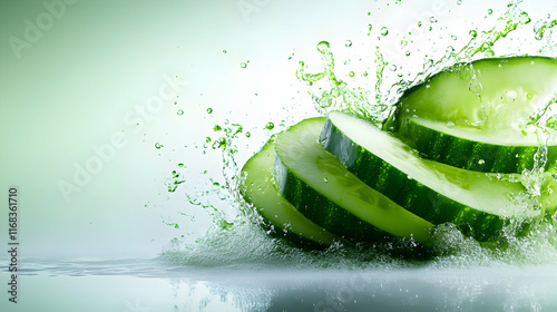 Fresh cucumber slices splashing in water with vibrant green hues, perfect for healthy eating and refreshing dishes. photo