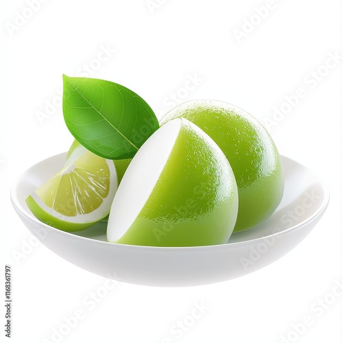 a serving of Thai mung bean cake (Khanom Luk Chup), realistic 3D rendering, bright fruit-like colors, isolated on white background photo