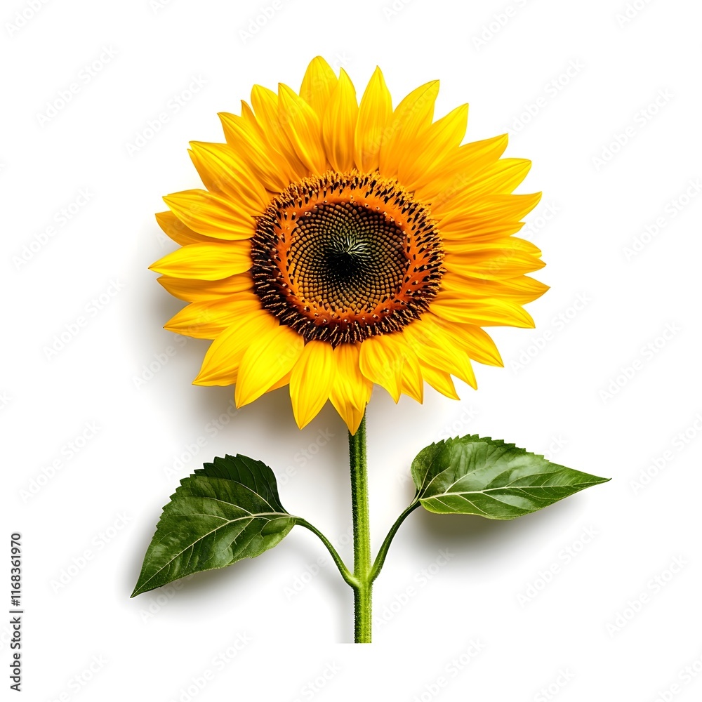 Obraz premium Vibrant and Lush Yellow Sunflower with Green Stem on White Background
